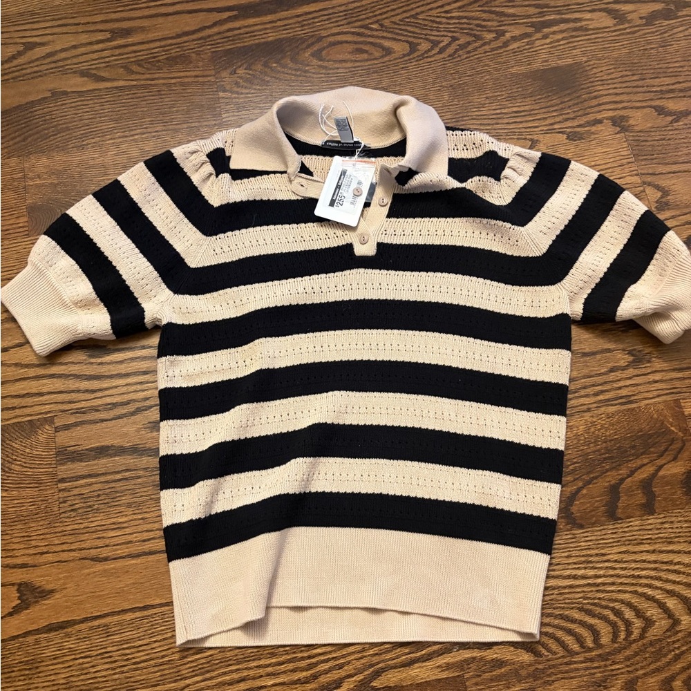 Autumn Cashmere Black and Cream Striped Short-Sleeve Polo Sweater